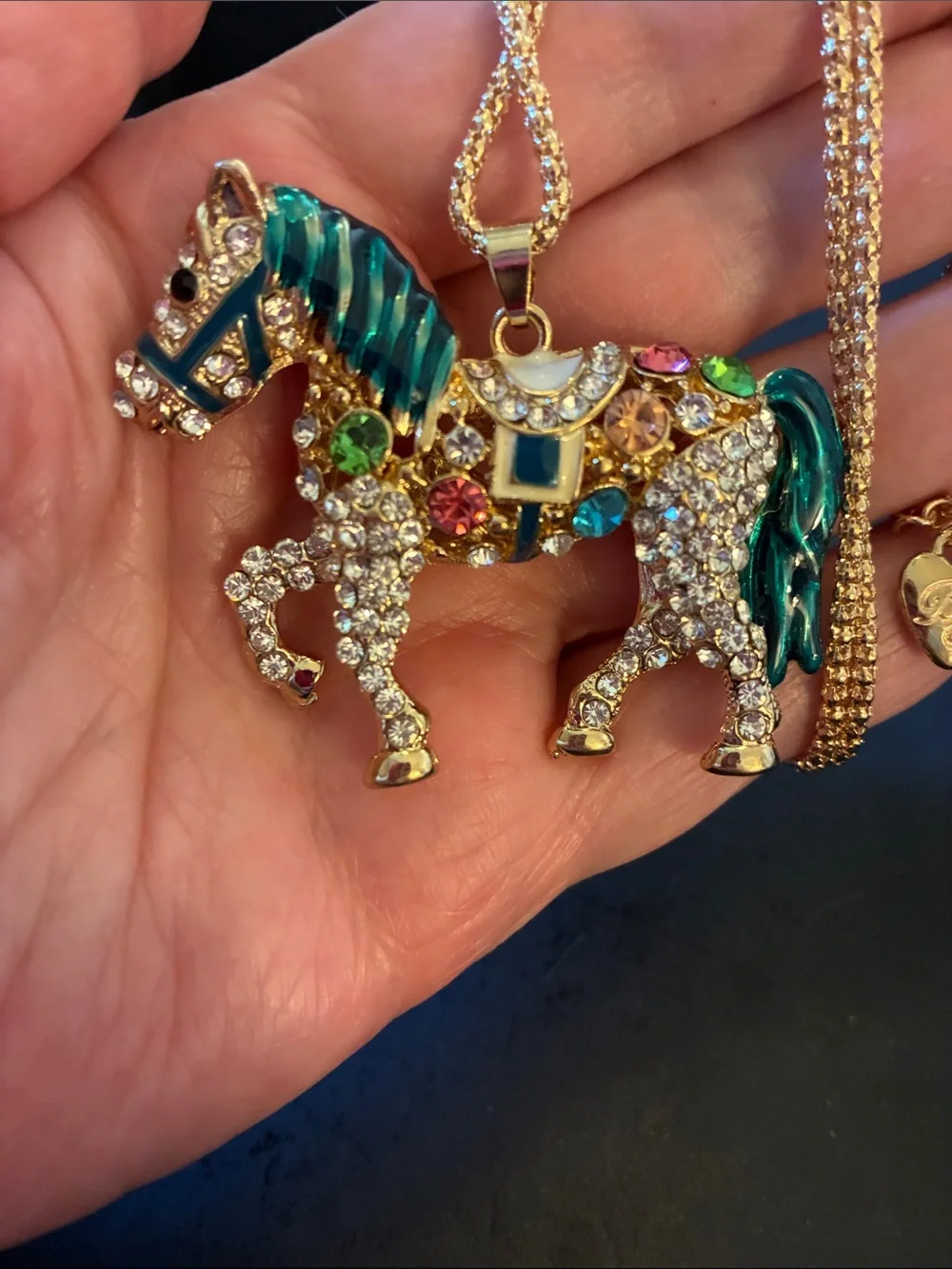 Multicolor Crystal Horse Pendant Necklace Green Mane. Moveable-tail moves